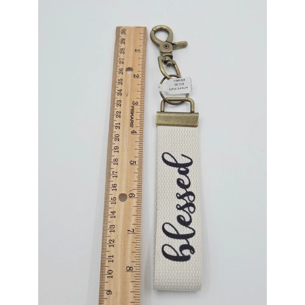 Altar'd State Blessed Canvas Wristlet Keychain Antique Brass Clasp Cream Black